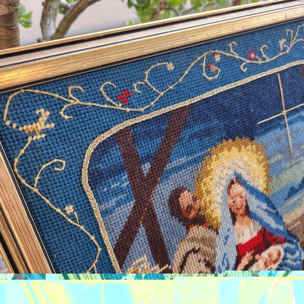 Vtg Nativity Scene Needlepoint Finished art Framed 15.5 X 19.5